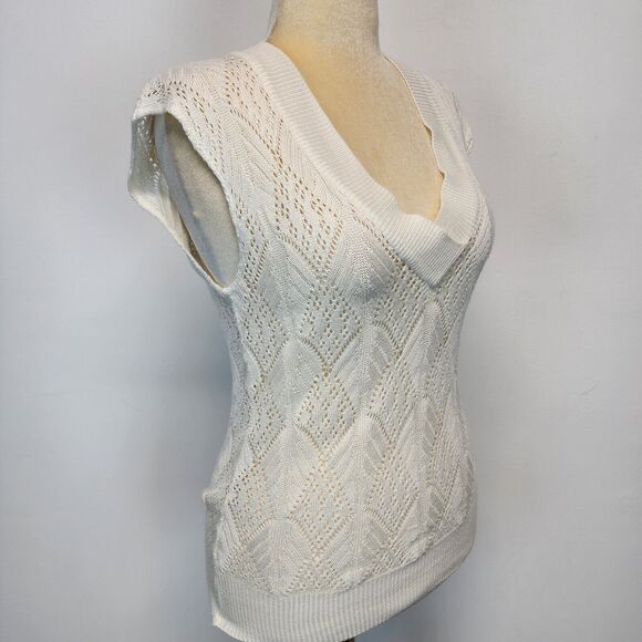 Vintage Y2K Faded Glory Sweater Vest Size M Ivory Deep V-neck Pointelle Knit - Picture 2 of 12